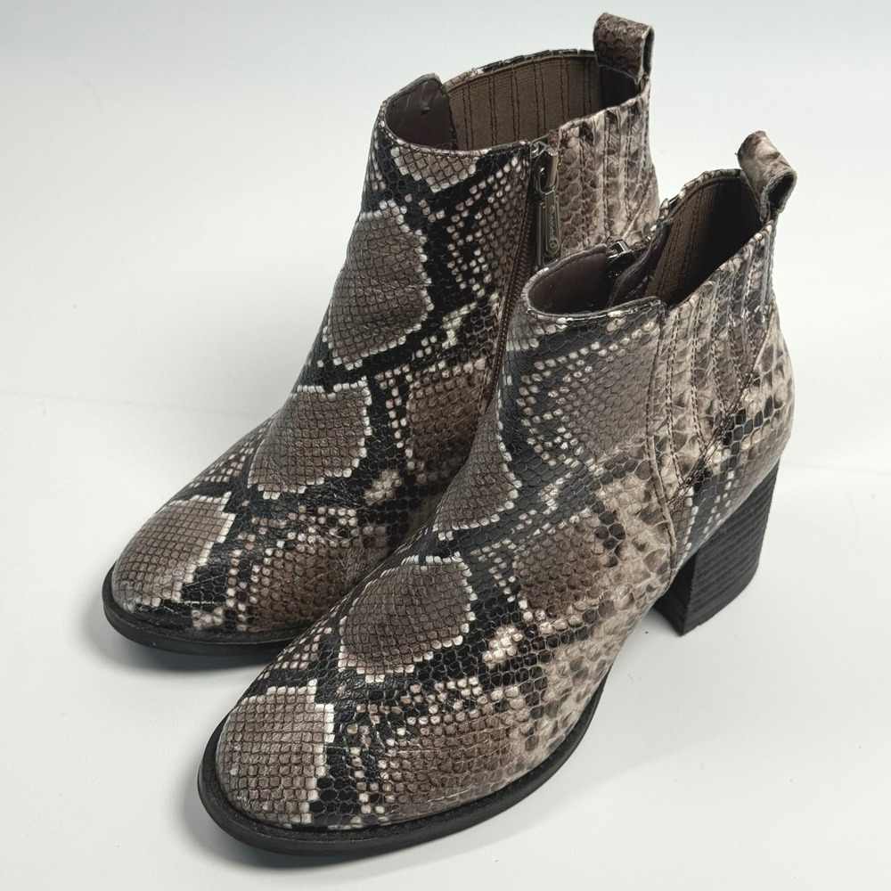 Blondo Waterproof Snakeskin Leather Ankle Boots Brown Tan Block Heel Size 8.5M